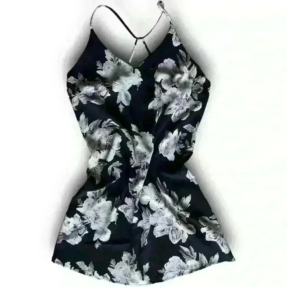 Black satin slip floral graphic print babydoll sun dress  crisscross tied straps
